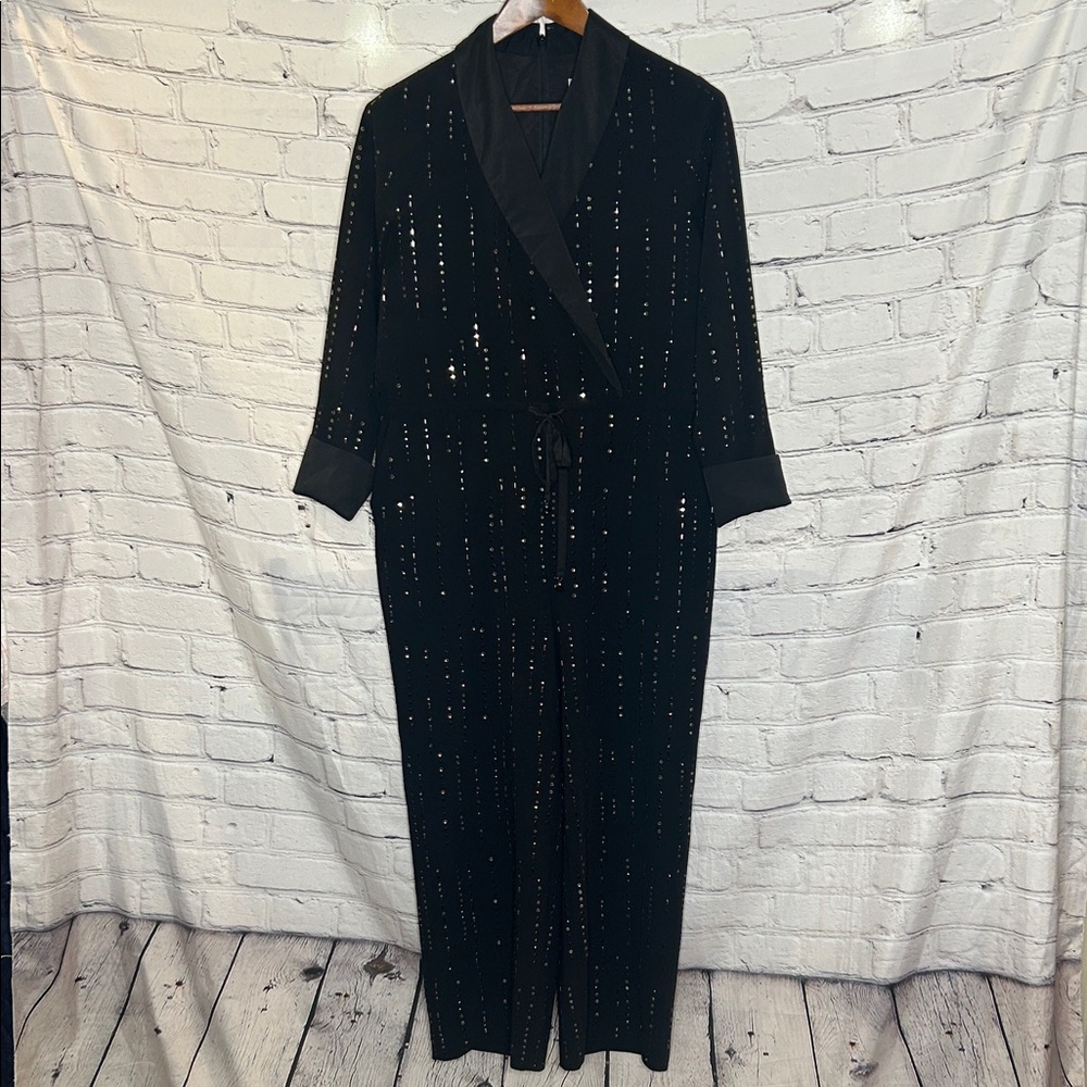 Trina Turk Tuxedo Front Black Embellished Long Sleeve Jumpsuit Size 4